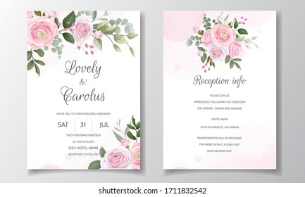 Elegant wedding invitation card template set with beautiful pink roses and green leaves