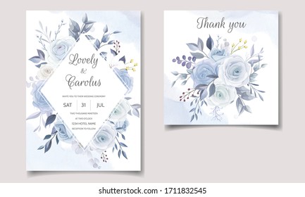 Elegant wedding invitation card template set with soft blue floral