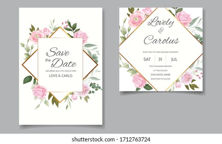Elegant wedding invitation card template set with beautiful pink roses and green leaves