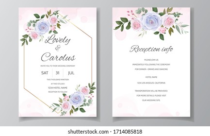 Elegant wedding invitation card template set with beautiful roses and green leaves