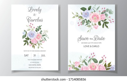 Elegant wedding invitation card template set with beautiful roses and green leaves