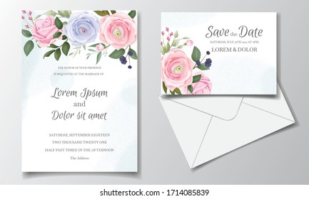 Elegant wedding invitation card template set with beautiful roses and green leaves