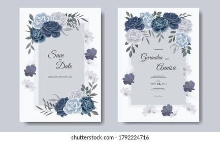 Elegant wedding invitation card template with floral and leaves navy blue Premium Vector