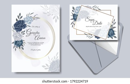 Elegant wedding invitation card template with floral and leaves navy blue Premium Vector