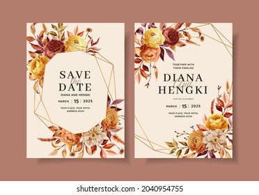 Elegant Wedding Invitation Card Template With Autumn Floral