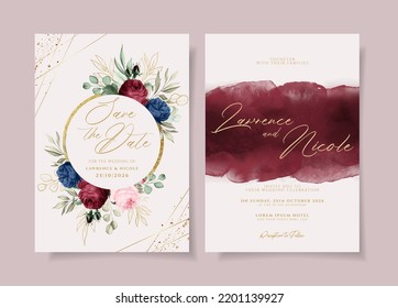 Elegant wedding invitation card template set with floral and leaves decoration