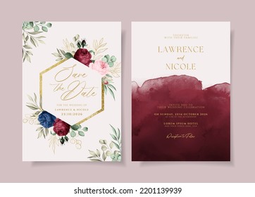 Elegant wedding invitation card template set with floral and leaves decoration