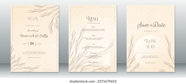 Elegant wedding invitation card template natural design with leaf and watercolor background
