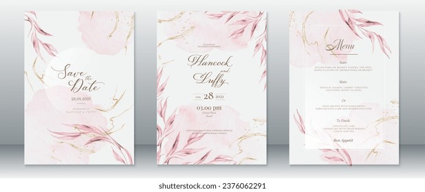 Elegant wedding invitation card template natural design with leaf and watercolor background
