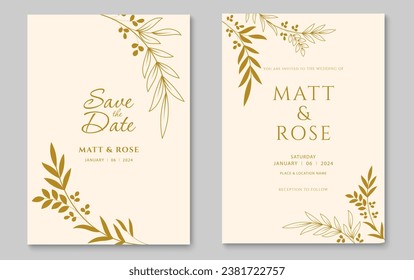 Elegant wedding invitation card template. Wedding invitation cover design with gold leaf line art. Vector illustration