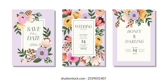 Elegant wedding invitation card template set with beautiful flowers and leave, botanical flowers background vector illustration for save the date, card, cover, poster, greeting, rsvp