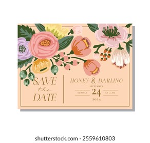 Elegant wedding invitation card template set with beautiful flowers and leave, botanical flowers background vector illustration for save the date, card, cover, poster, greeting, rsvp