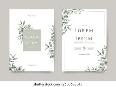 Modelo de cartão de convite de casamento elegante com folhas de aquarela bonita