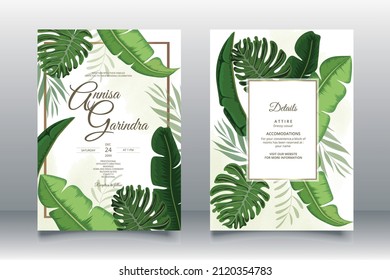  Elegant wedding invitation card with tropical leaves template Premium Vector