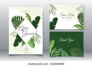  Elegante tarjeta de invitación de boda con plantilla de hojas tropicales Premium Vector