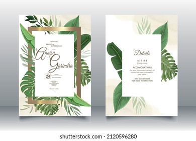  Elegant wedding invitation card with tropical leaves template Premium Vector