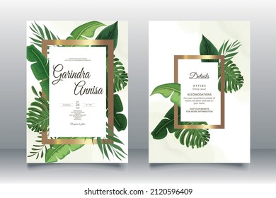  Elegant wedding invitation card with tropical leaves template Premium Vector