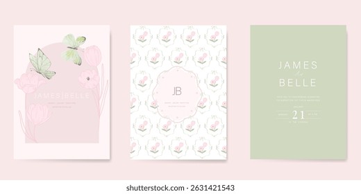 Elegant wedding invitation card vector. Minimal hand painted watercolor tulip flowers and butterfly texture template background. Design illustration for wedding, vip cover, poster, rsvp modern card.