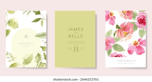 Elegant wedding invitation card vector. Minimal hand painted watercolor rose and wildflowers texture template background. Design illustration for wedding, vip cover, poster, rsvp modern card.