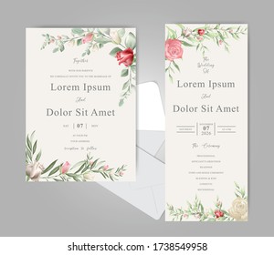 Elegant Wedding Invitation Card with Watercolor Floral and Leaves