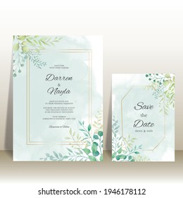 Elegant wedding invitation card with watercolor leaf ornaments