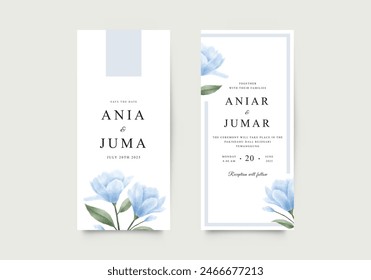 Elegant wedding invitation card with watercolor blue flowers