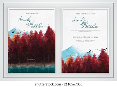 Elegant wedding invitation card with watercolour forest, birds and mountan 