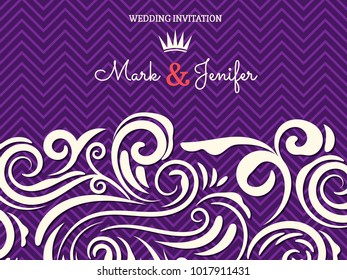 Elegant wedding invitation card with zig zag violet background with elegant   vignette border