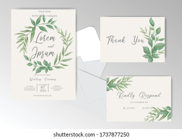 Elegant Wedding Invitation Cards template with greenery foliage leaves