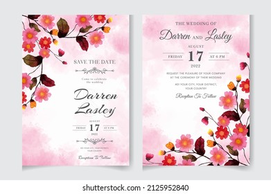 Elegant wedding invitation cards with watercolor texture, flowers, leaves. Nature art, save the date, greenery, Editable vector, Hand-drawn greeting card, invite, decorative wreath  frame pattern.