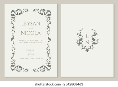 Elegante invitación de boda. Marco clásico y monograma. Decoración floral.