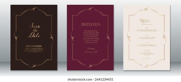 Elegant wedding invitation collection with vintage gold frames and calligraphy elements. Set includes Save the Date, Invitation, and Menu designs in warm brown, burgundy, and soft ivory tones.