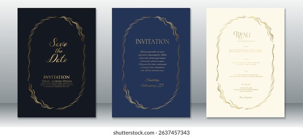 Elegant wedding invitation design featuring wavy gold frames on dark navy and cream backgrounds. Ideal for luxury-themed weddings and formal celebrations.