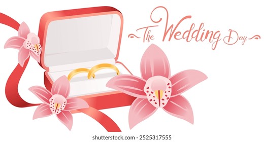 Elegant wedding invitation design with an open ring box and pink orchids. Ideal for wedding cards, invitations, or event decorations with a romantic touch. Vector illustration.