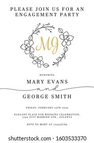 Elegant wedding invitation design template vector illustration. Inviting card with frame of floral elements with place for text. Isolated on white background