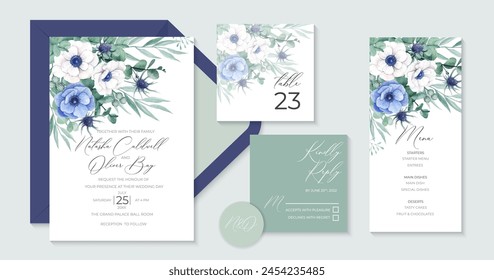 Elegant wedding invitation design template with anemone flowers and eucalyptus leaves, watercolor floral wedding stationary set
