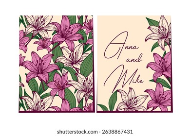 Elegant wedding invitation design with tropical lilies and green leaves. Hand drawn floral frame with text on cream background. Romantic botanical theme.