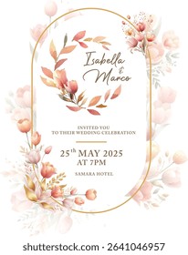 Elegant wedding invitation featuring floral watercolor illustrations in soft peach and blush tones, with gold frame accents with stylish script typography