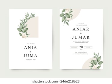 Elegant wedding invitation with flowers and green leaves