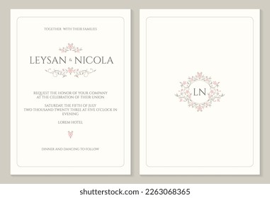 Elegant wedding invitation. Frame with floral monogram. Ornamental border and monogram.