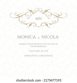 Elegant wedding invitation with frame. Graphic design page. Decorative frame monogram. Template for greeting card, certificate, invitation, menu.