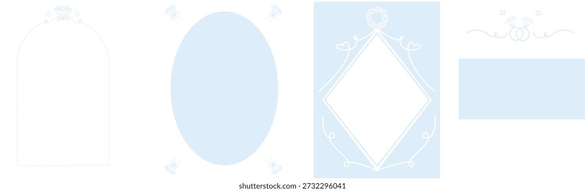 Elegante convite de casamento quadro conjunto com anéis e elementos de diamante na cor azul suave.