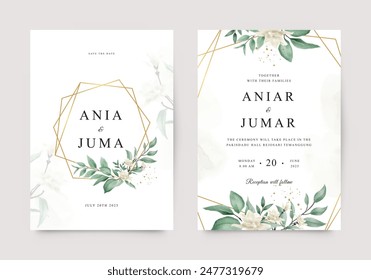 Elegant wedding invitation with geometric frame and watercolor green leaves