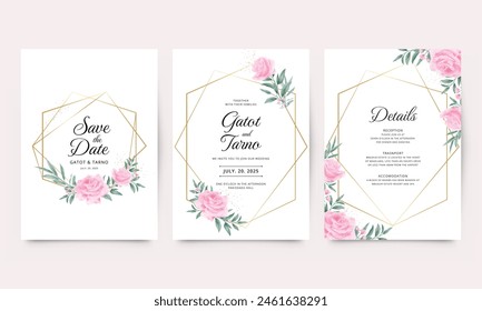 Elegante invitación de boda con borde de oro geométrico y rosas y hojas