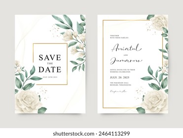 Elegante invitación de boda con marco dorado y acuarela floral