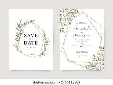 Elegant wedding invitation with gold geometric and watercolor floral