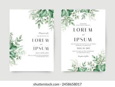 Elegant wedding invitation with green leaves decoration