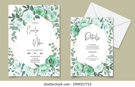 Elegante invitación a la boda con flores verdes y hojas