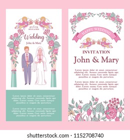 Elegant wedding invitation. Greeting card. The bride and groom are married under a pink pergola. Angels hold crowns over their heads. Wedding according to the Christian Orthodox rite.