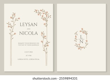 Elegant wedding invitation. Hand drawn twigs with pink flowers. Floral monogram frame and borders.
